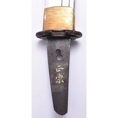 291 - An O Tanto , with blade showing bonji and ken grooves, thin suguha hamon and tang with Kinisan signa... 