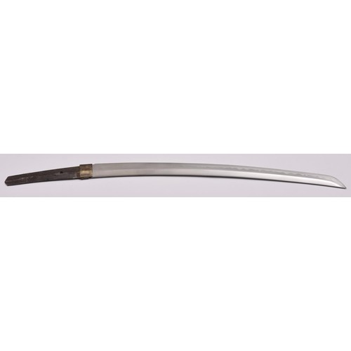 295 - A modern wakizashi, in home made wooden handle and scabbard with metal embellishments. Old iron bomb... 