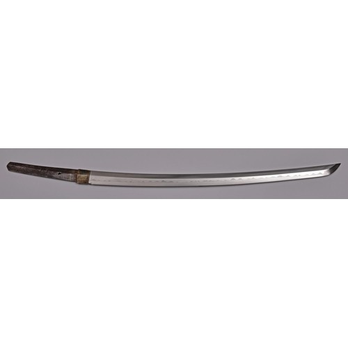 295 - A modern wakizashi, in home made wooden handle and scabbard with metal embellishments. Old iron bomb... 