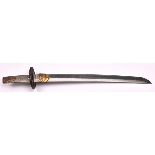 296 - A nicely mounted short wakizashi with o-suriage unsigned blade 31.4cms, some chips and edge nicks. S... 