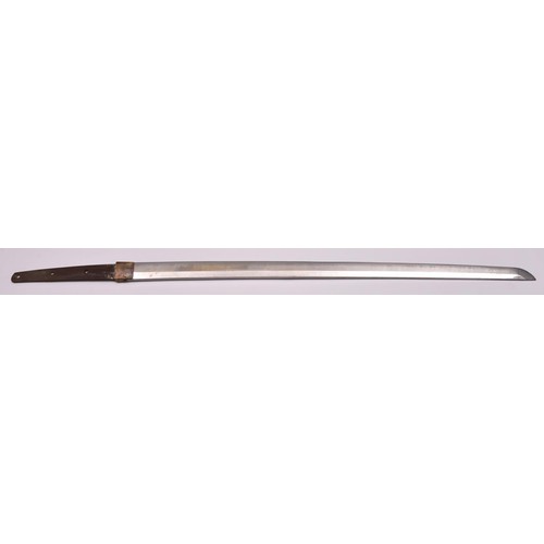 299 - A katana 64.5cm blade with slight curve  configuration (Kambun style) with choji hamon, shortened Sh... 