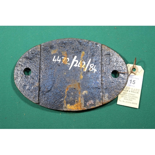 15 - Locomotive shedplate 14E Bedford 1958-1963. Painted to reverse; 4472/262/84. Cast iron plate in good... 