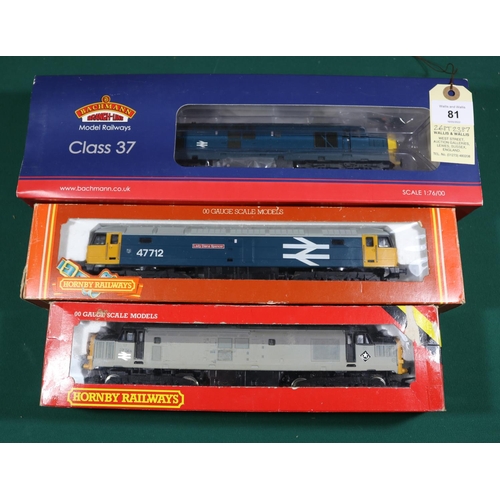 81 - 3x Hornby Railways/Bachmann Branch-Line diesel locomotives. BR Class 37 Co-Co loco, 37034, in blue a... 