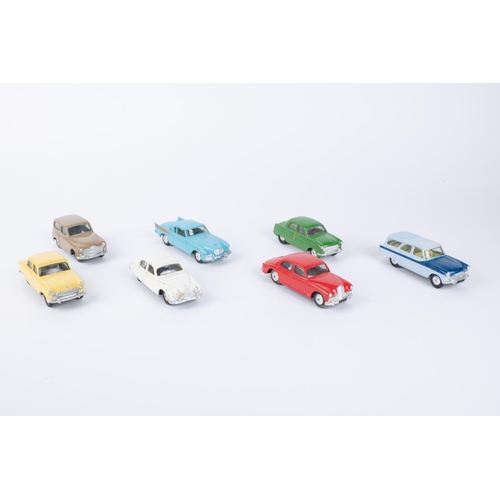 321 - 7x Corgi Toys cars. Riley Pathfinder in red (205). Hillman Husky in fawn (206). Ford Consul in green... 