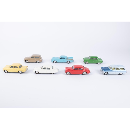 321 - 7x Corgi Toys cars. Riley Pathfinder in red (205). Hillman Husky in fawn (206). Ford Consul in green... 