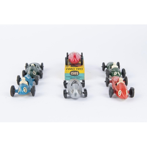 322 - 6 various single seat racing cars. Corgi Toys Vanwall F1 GP (150S) in bright red, RN25, complete wit... 