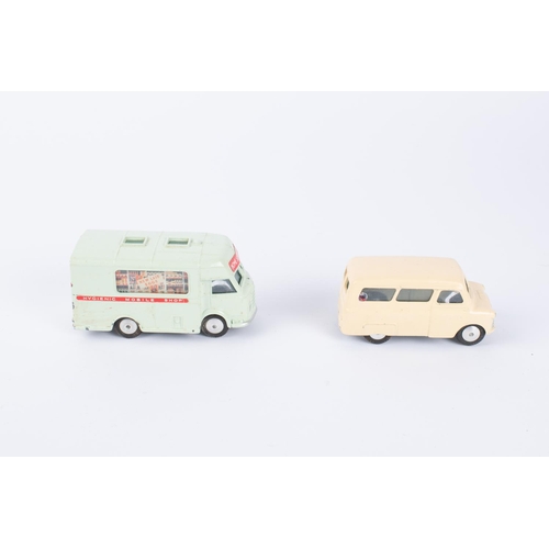 323 - 2x Corgi Toys. Smith's Karrier Bantam Mobile Shop with very pale blue-green body (407). Bedford Dorm... 