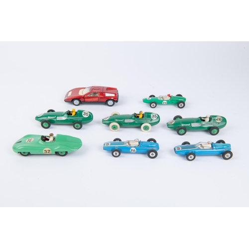 332 - 8 Dinky Toys. 2x Cooper Racing Cars (240) in blue with spun wheels RN 20. Lotus Racing Car (241) in ... 