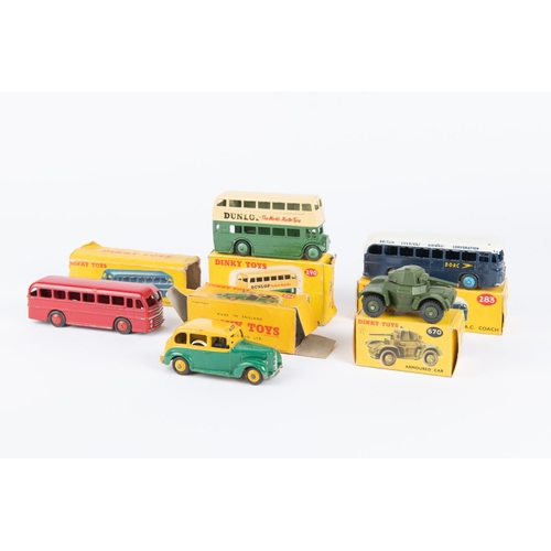 337 - 5x Dinky Toys. Double Deck bus (290) in green and cream with Dunlop adverts. Duple Roadmaster coach ... 