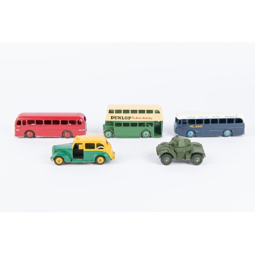 337 - 5x Dinky Toys. Double Deck bus (290) in green and cream with Dunlop adverts. Duple Roadmaster coach ... 