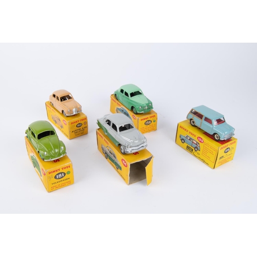 339 - 5x Dinky Toys. Rover 75 (156) in two-tone green. Austin A30 (160) in fawn with grey wheels. Vauxhall... 