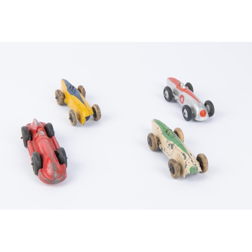 340 - 4 Dinky Toys. 3x Racing Cars (23a). One in cream with green centre flash and grille, black wheels RN... 