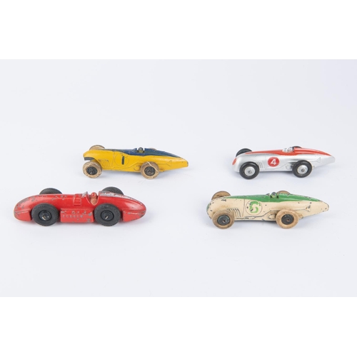 340 - 4 Dinky Toys. 3x Racing Cars (23a). One in cream with green centre flash and grille, black wheels RN... 