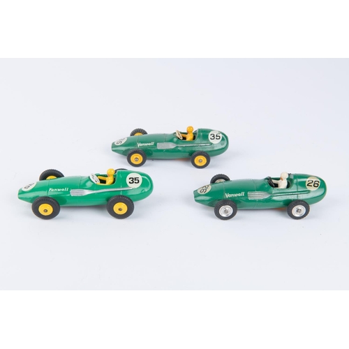 341 - 3 Dinky Toys Vanwall Racing Cars (239). Two in green with yellow wheels and drivers RN 35. Together ... 