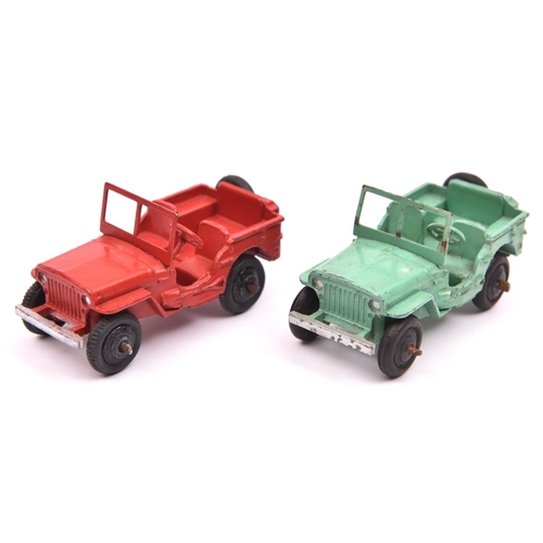 350 - 2 Dinky Toys Civilian Jeeps (25J). An example in bright red and another in light green, both with bl... 