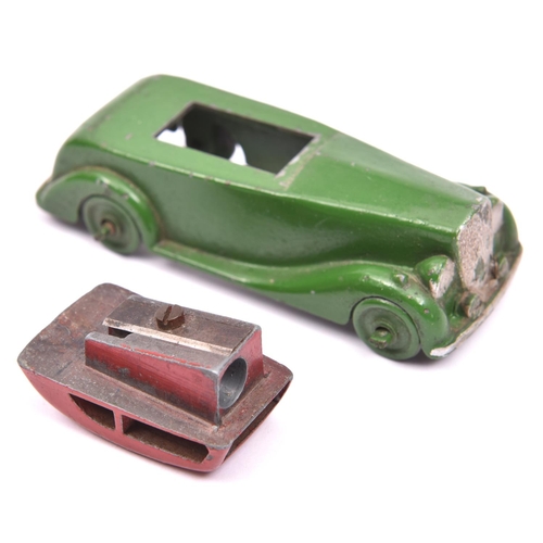 367 - Crescent toys - metal saloon car modelled as a pencil sharpener, the body in green and red detachabl... 