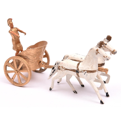 371 - Benbros Qualitoys Roman Chariot, finished in gold with Roman centurion figure and 2 galloping white ... 