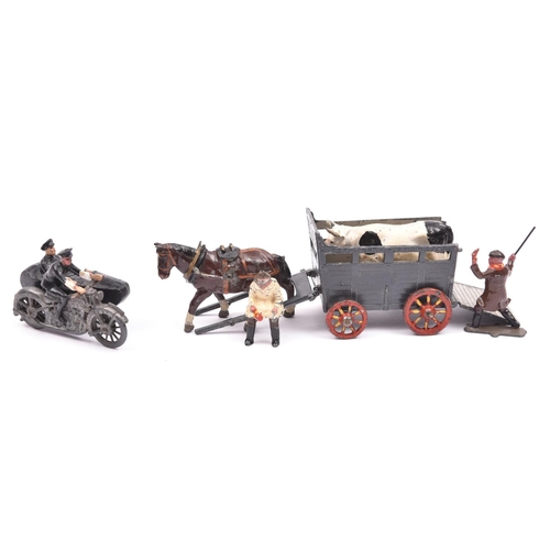 391 - 2 Johillco. A Cattle Cart in dark grey with red wheels, together with a brown heavy horse and a 'sho... 