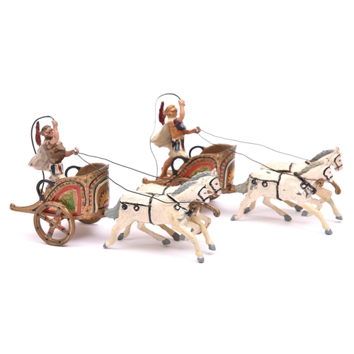 396 - A pair of Johillco Roman Chariots. Chariots for Chariot races, each with 2 white horses with colourf... 