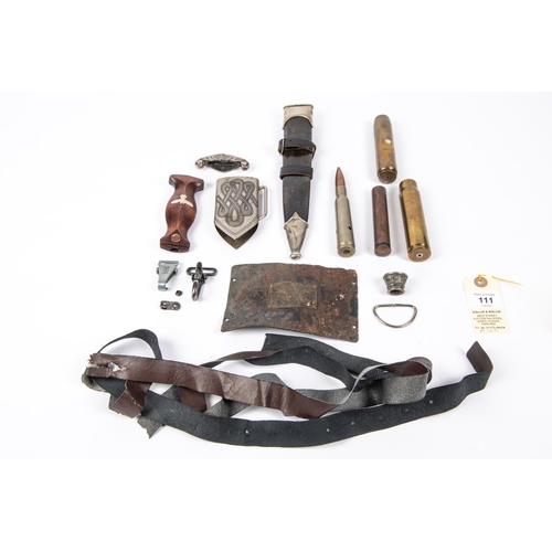 111 - Parts for Third Reich daggers, comprising SS sheath with vertical hanging strap, top mount for RAD h... 