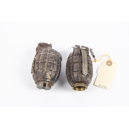 114 - A WWI Mills bomb, dated 1916; also a WWII 36 grenade. GC £50-80 Buyer collects