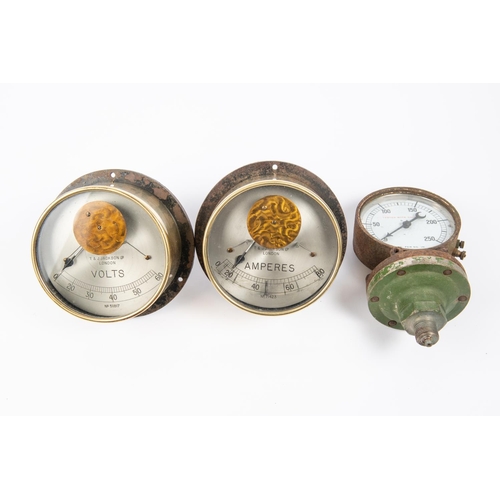 130 - A pair of large early 20th century brass cased gauges from an electricity control panel, for Amperes... 