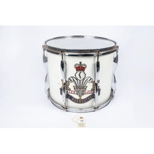 138 - A side drum, with white body and chrome mounts, and large QEII transfer badge of the 1st Royal Monmo... 