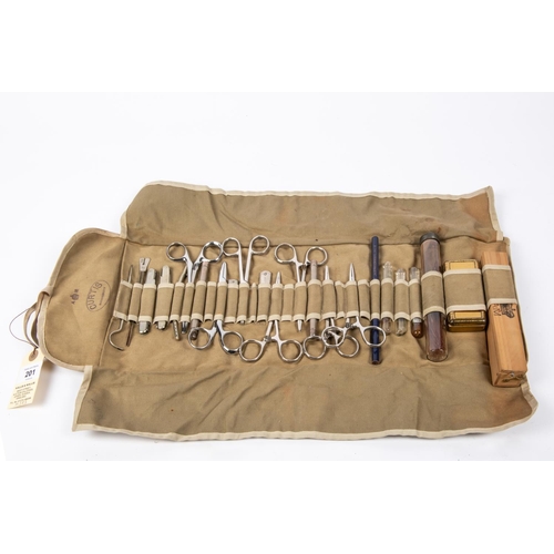 201 - A WWII RAF Medical officers field instrument kit, comprising a khaki linen container marked 