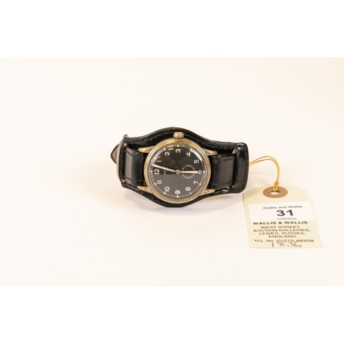 31 - Berg wristwatch. Plated case, brushed finish, considerable wear to plating, 35mm without crown. Fixe... 