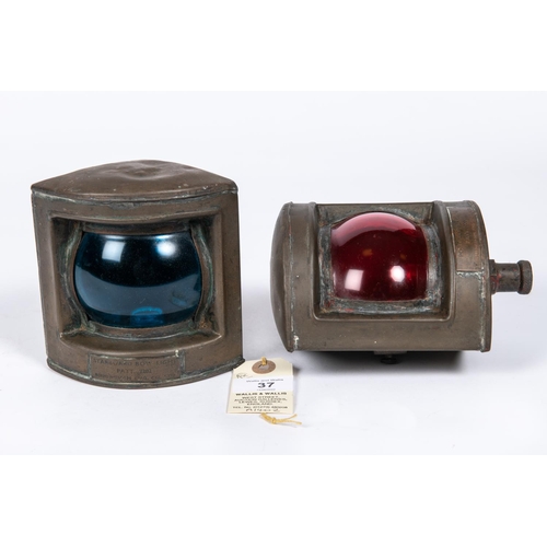 37 - A pair of ships small brass electric navigation lamps, with green and red bulls eye lense and brass ... 