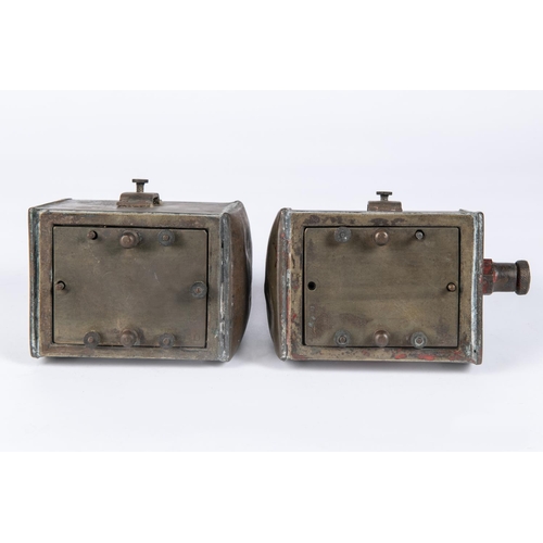 37 - A pair of ships small brass electric navigation lamps, with green and red bulls eye lense and brass ... 