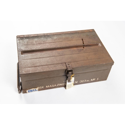 121 - A WWII Bren magazine steel carrying box, containing 12 x 30 round magazines. GC £40-50