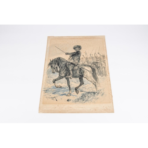 19 - An original R. Caton Woodville sketch, dated 1889, depicting a mounted Oliver Cromwell, with drawn s... 