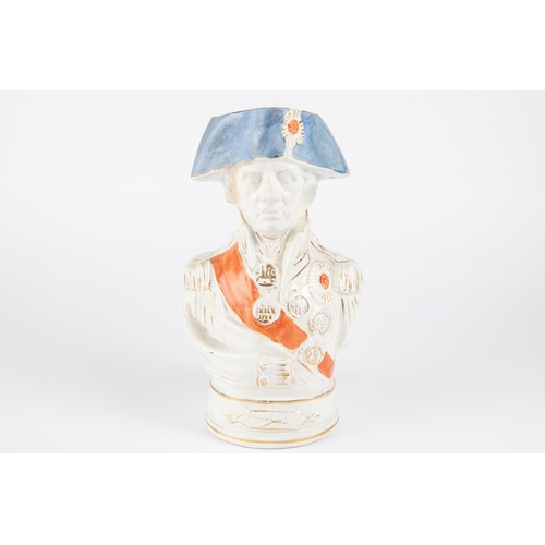 24 - An old glazed earthenware “character” jug in the form of Admiral Nelson, wearing medals and decorati... 