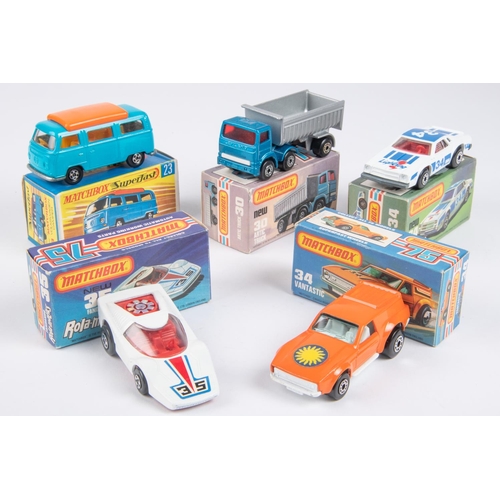 381 - 5 Matchbox Superfast. Volkswagen Camper 23e. In light blue with orange interior and hinged roof, cle... 