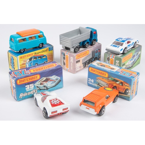 381 - 5 Matchbox Superfast. Volkswagen Camper 23e. In light blue with orange interior and hinged roof, cle... 