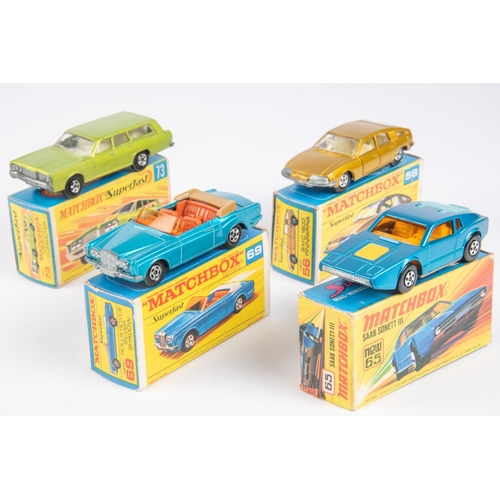 387 - 4 Matchbox Superfast. 56c BMC 1800 Pininfarina, metallic gold body, cream interior, unpainted base, ... 