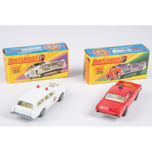 394 - 2 Matchbox Superfast No.55B Mercury Estate Car, POLICE. In white with off white interior, no men, un... 