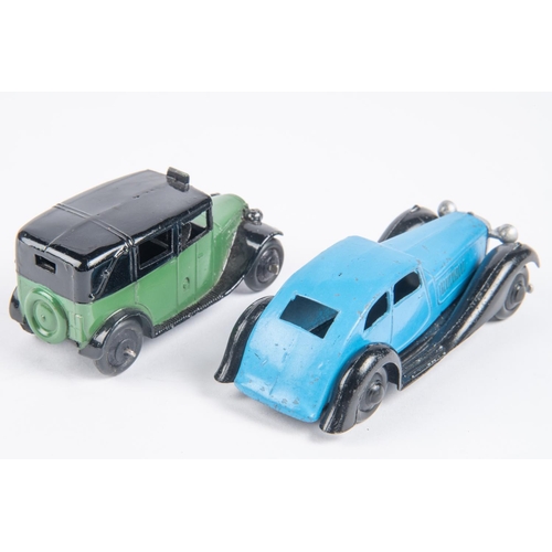 428 - 2x Dinky Toys 36 series. Rover (36d) in blue. Austin Taxi (36g) in green and black. VGC, minor chipp... 