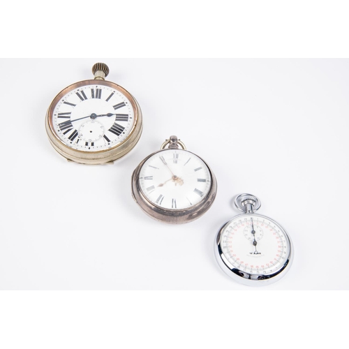 44 - 2x pocket watches and a stopwatch. A silver key wound pocket watch with London hallmark, date mark f... 