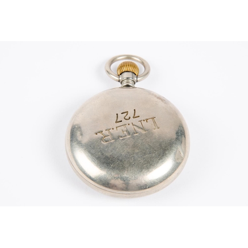 45 - A nickel cased LNER guard's pocket watch. Stamped to reverse 'L.N.E.R. 727'. Fitted with an unsigned... 