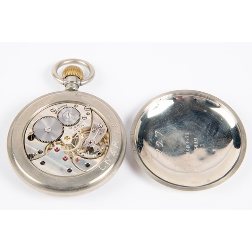 45 - A nickel cased LNER guard's pocket watch. Stamped to reverse 'L.N.E.R. 727'. Fitted with an unsigned... 