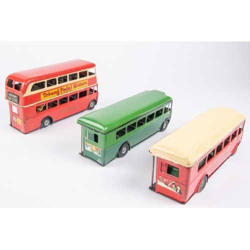 477 - 3 Tri-ang Minic clockwork and friction double deck/single deck buses. AEC RT, route 14 in red and cr... 