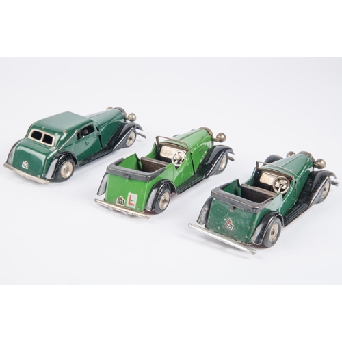 483 - 3 Tri-and Minic cars. A post war Vauxhall Learners Car (12M) in green with black mudguards/running b... 