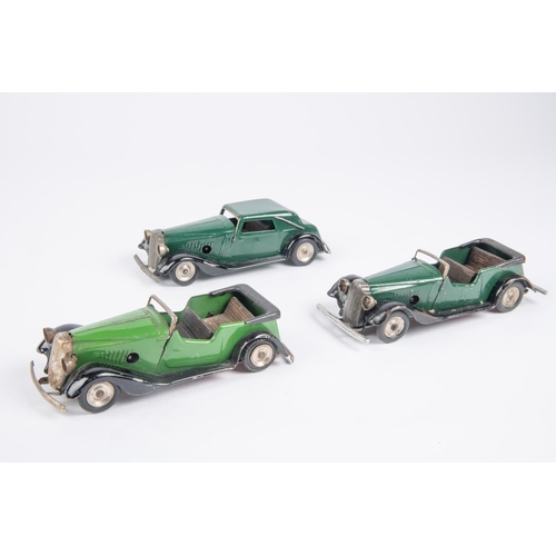 483 - 3 Tri-and Minic cars. A post war Vauxhall Learners Car (12M) in green with black mudguards/running b... 