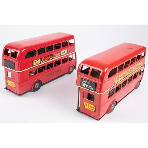 487 - 2 Tri-ang Minic friction double deck buses. Two versions, AEC RT, route 14 and a Routemaster route 7... 