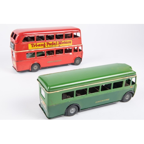 489 - 2 Tri-ang Minic clockwork and friction double deck/single deck buses. AEC RT, route 14 in red LT liv... 