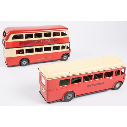 490 - 2 Tri-ang Minic clockwork and friction double deck/single deck buses. AEC RT, route 177 in red and c... 