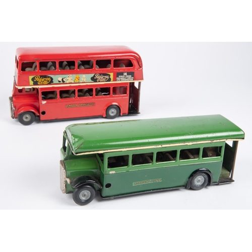 491 - 2 Tri-ang Minic clockwork double deck/single deck buses. AEC RT, route 14 in red LT livery. Plus a A... 