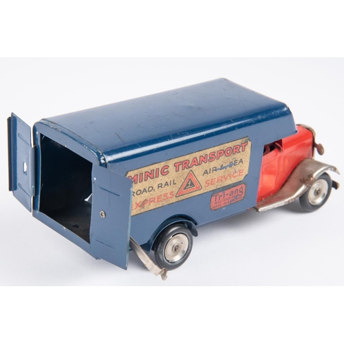 499 - Tri-ang Minic clockwork Luton Transport Van (24M). Red cab with plated mudguards, dark blue van body... 